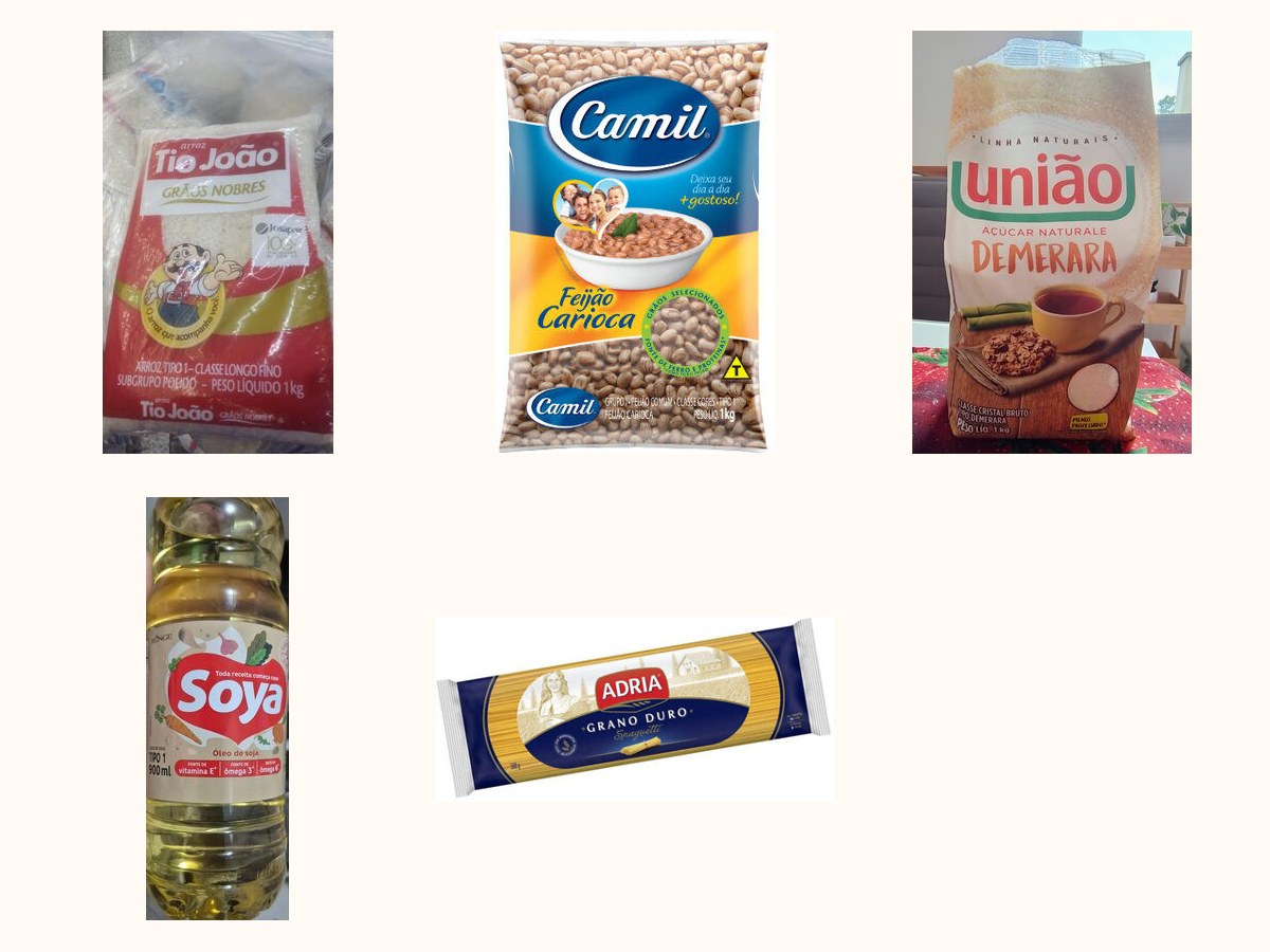 Cesta básica econômica: Arroz tipo 1 5 kg, Feijão carioca 1 kg, Açúcar cristal 1 kg, Óleo de soja, Macarrão espaguete 500 g
